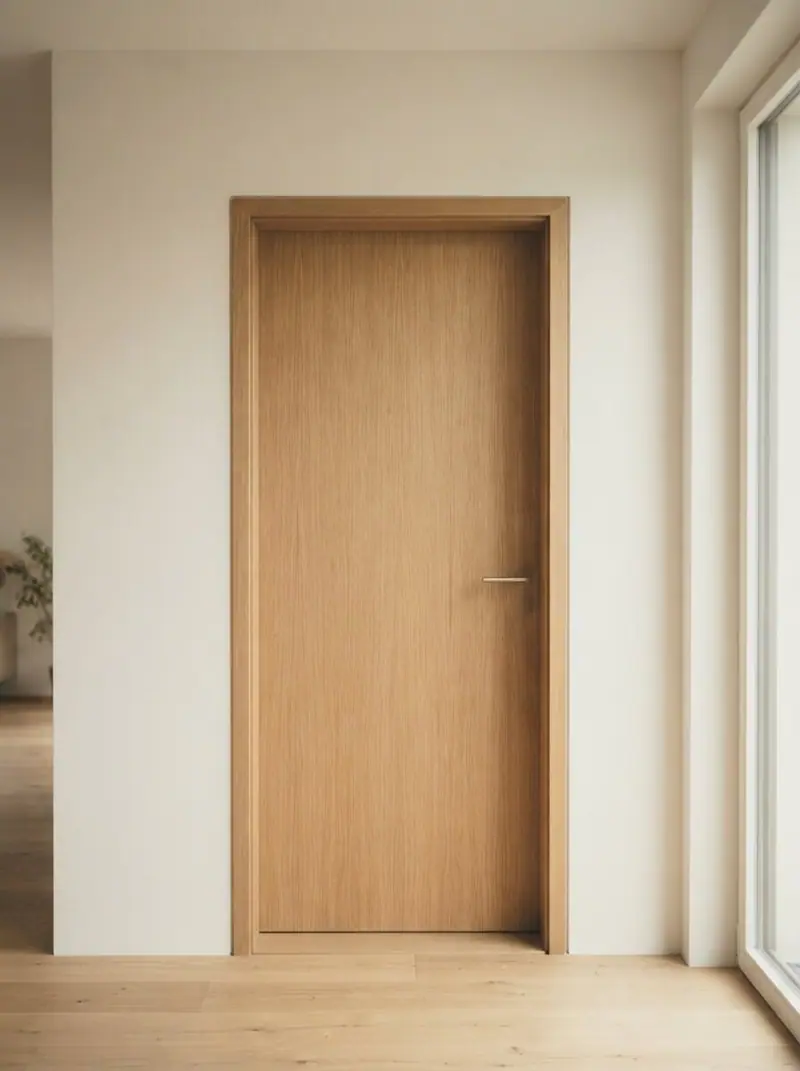 Massive Innentür aus Eiche, flächenbündig in heller Laibung